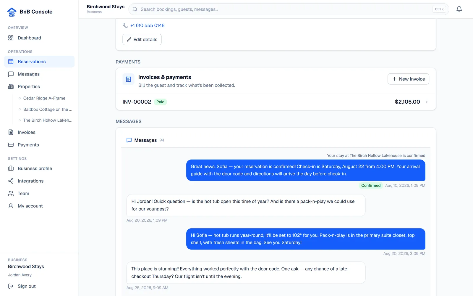 A reservation detail page with guest info, paid invoice and message thread