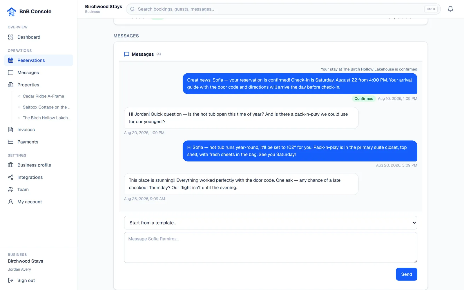 A reservation's message thread in BnB Console showing host and guest messages as chat bubbles