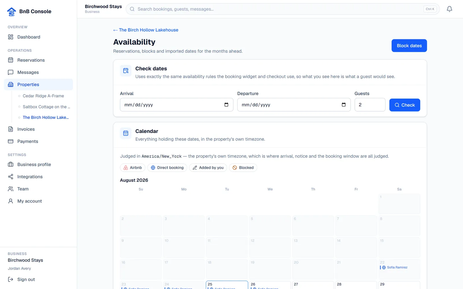 The availability calendar with channel legend and date checker