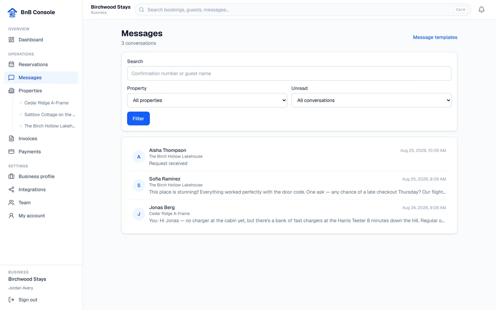 The unified message inbox in BnB Console
