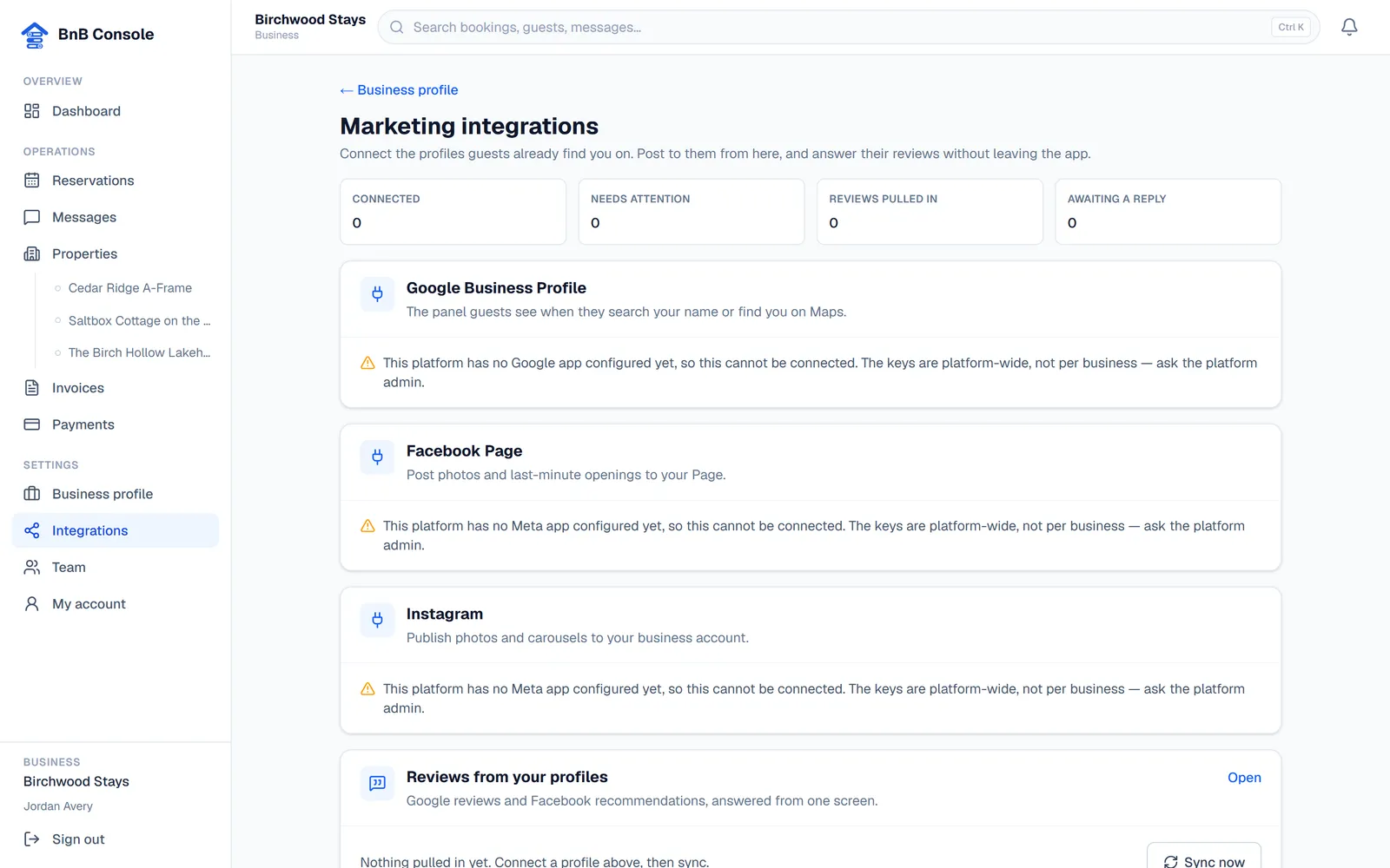 The integrations page with Google Business Profile, Facebook and Instagram connections