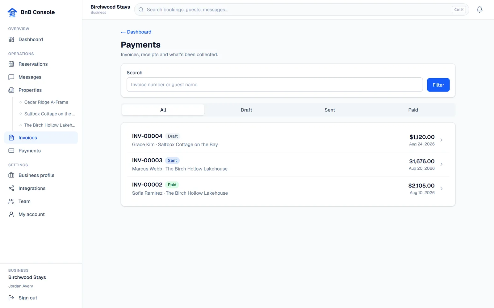 The invoices list in BnB Console with paid, sent and draft invoices