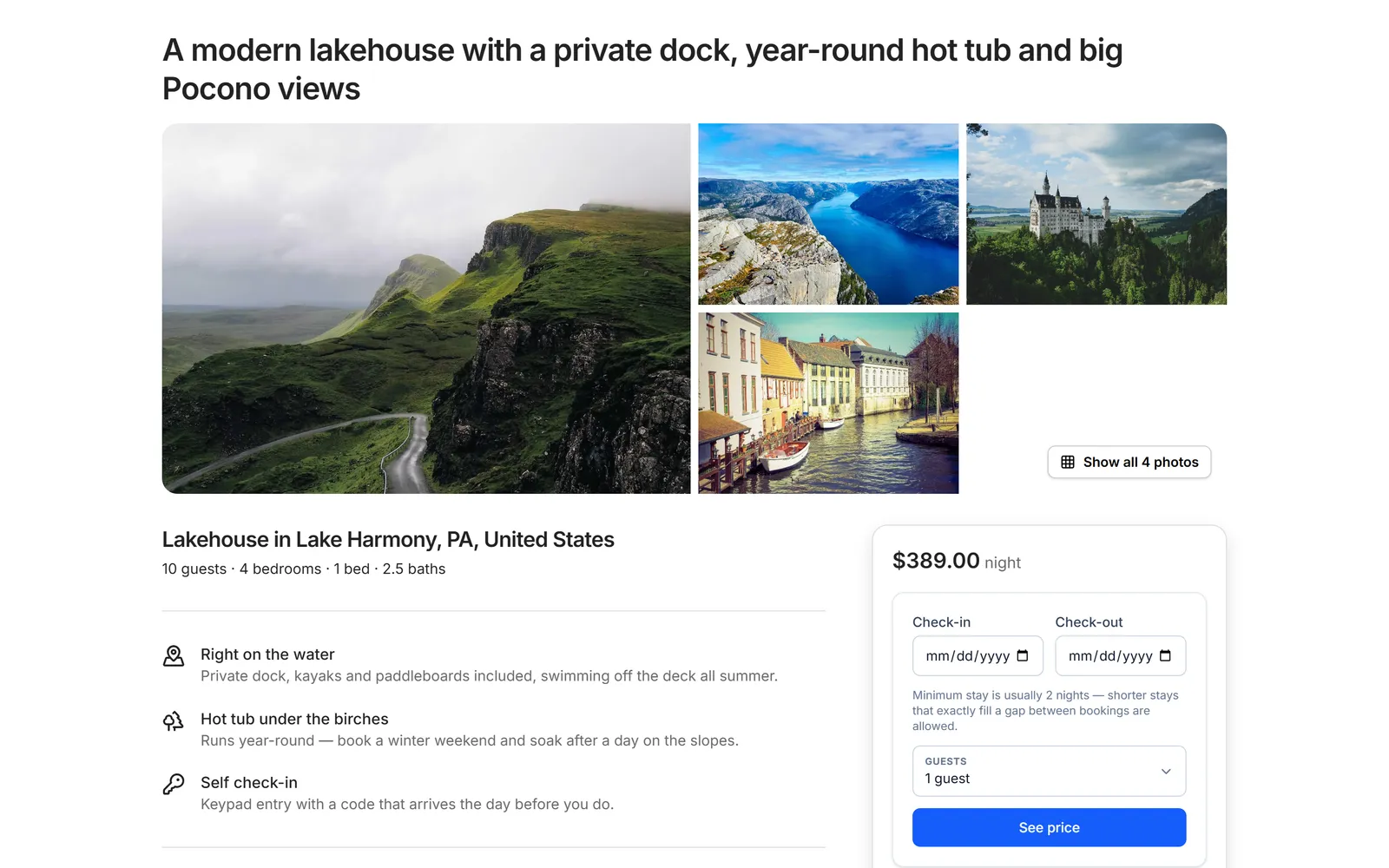 A published BnB Console booking page with gallery, highlights and booking card