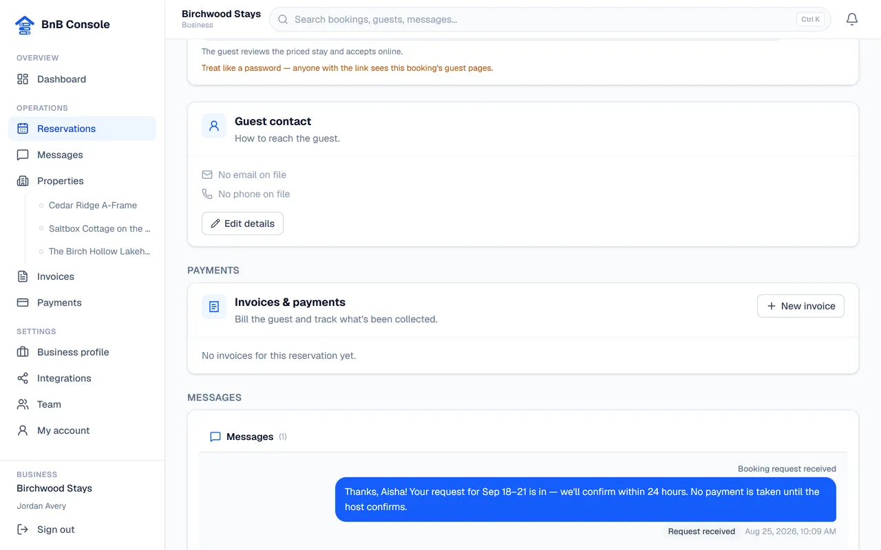 A pending booking request being confirmed in BnB Console