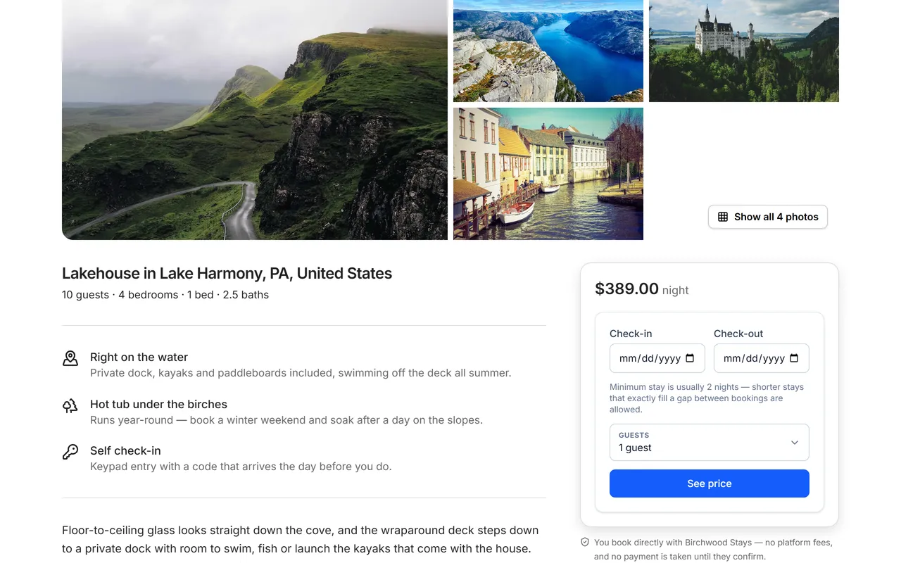 A guest picking dates on the booking card and receiving an itemized quote