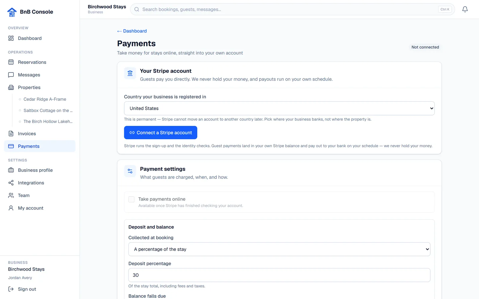 The payments settings page with deposit rules, balance schedule and card settings