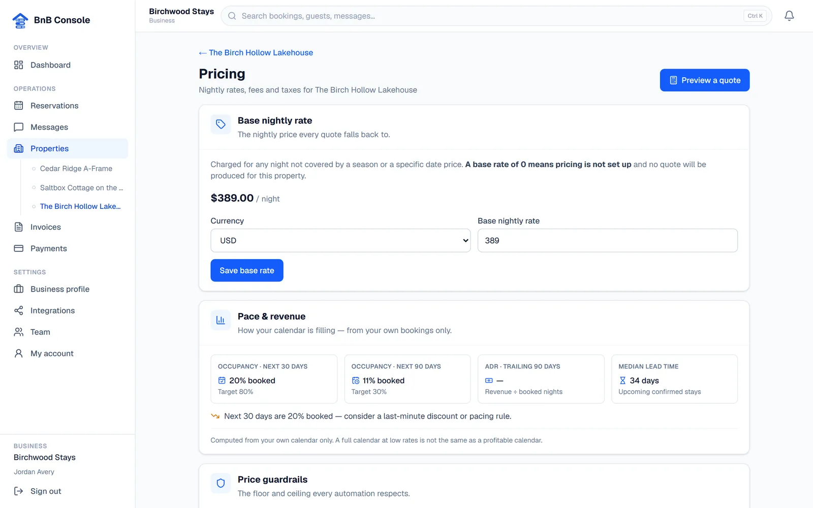 The pricing settings page with base price, seasonal rules and discount settings