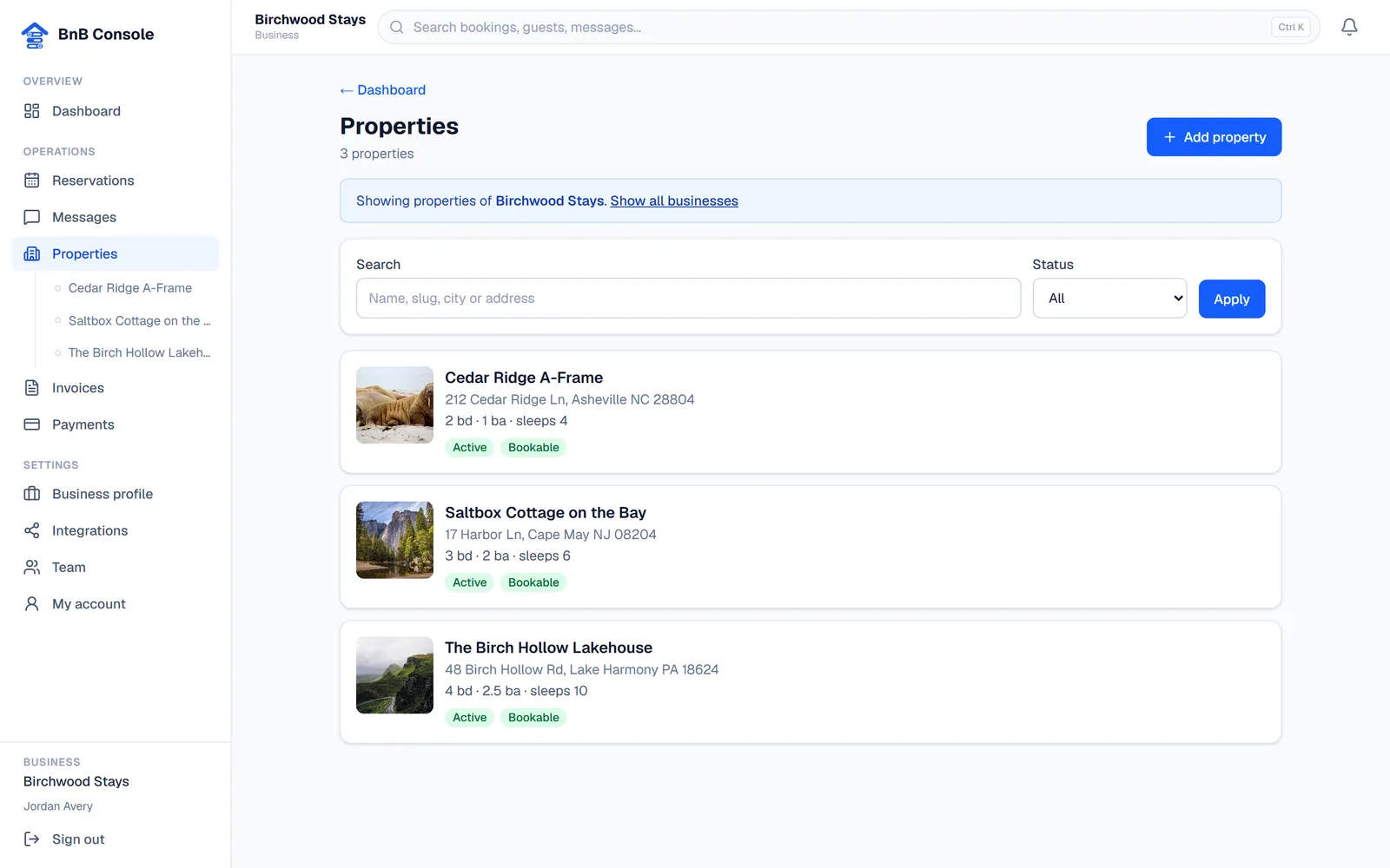 The properties list in BnB Console with three properties