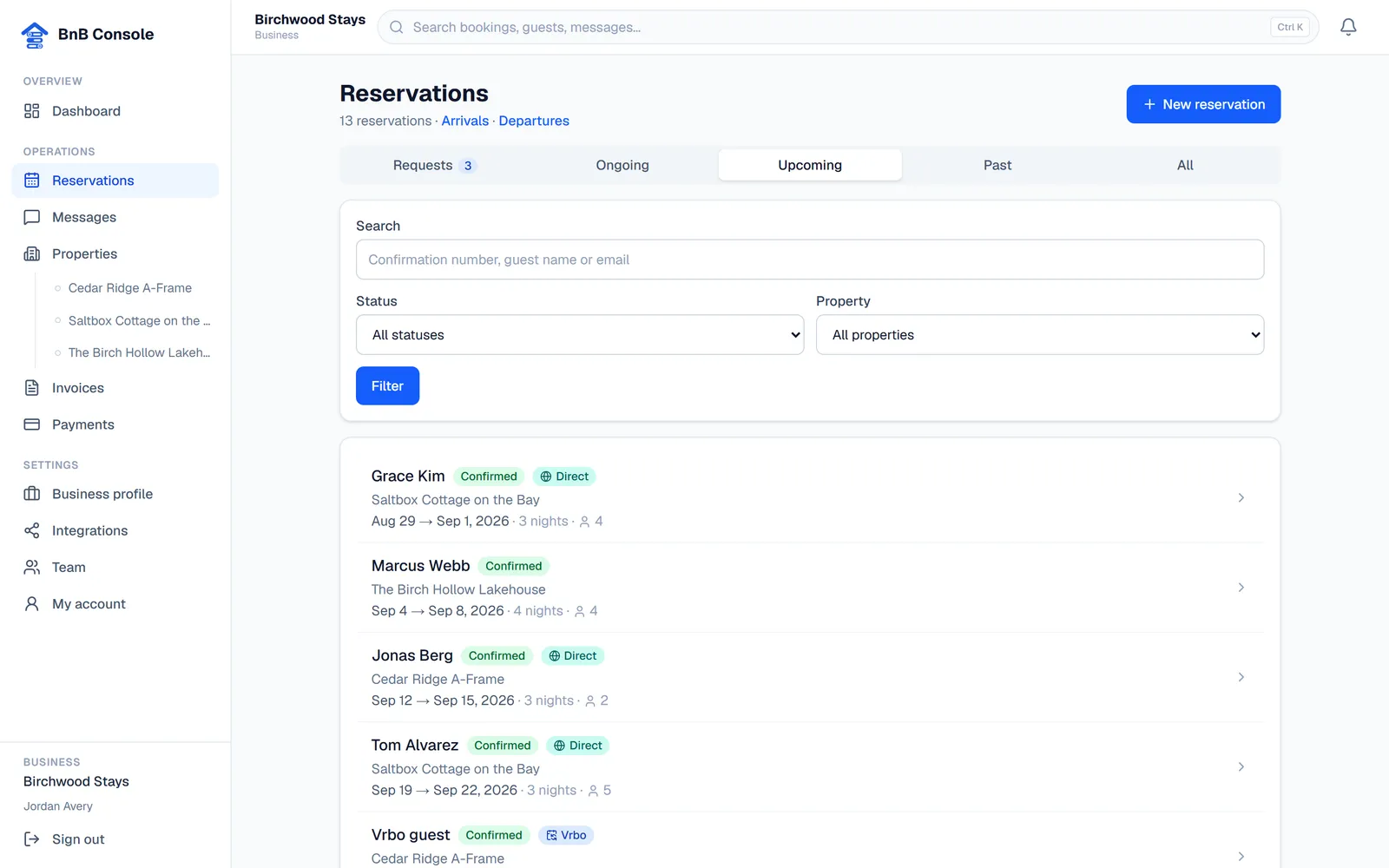 The reservations list in BnB Console with status tabs and source badges