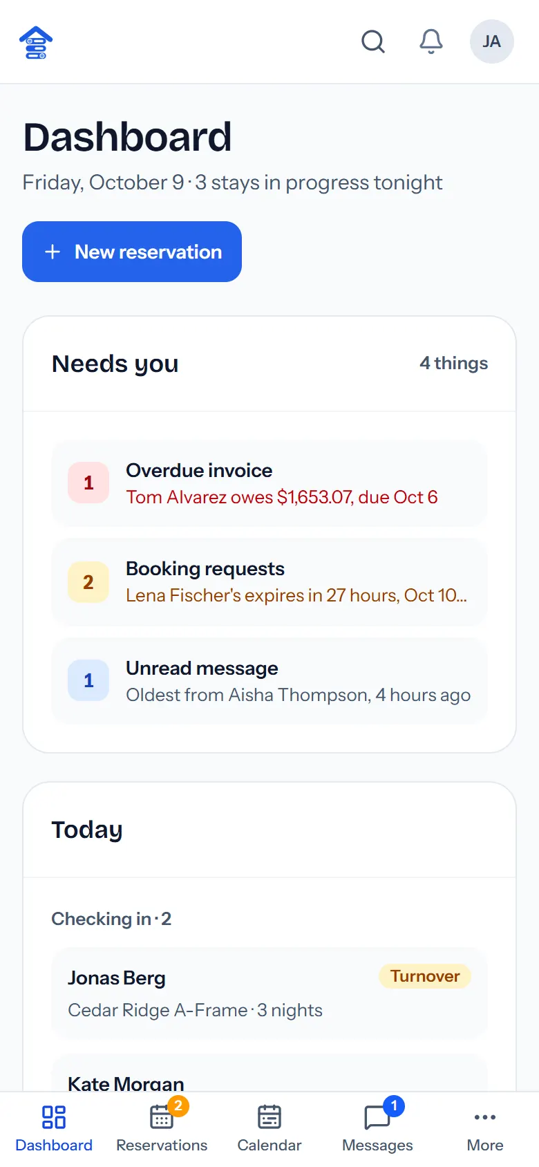The dashboard on a phone, with today's arrivals and departures