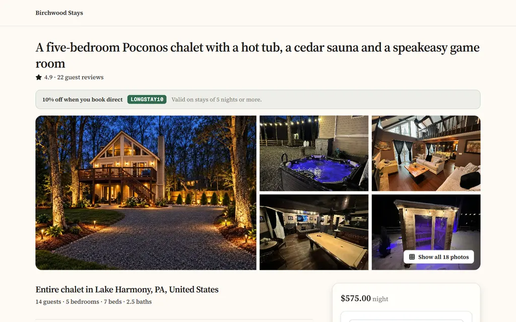 A direct booking page for a five-bedroom chalet, with its photo gallery, highlights and a booking card showing the nightly price