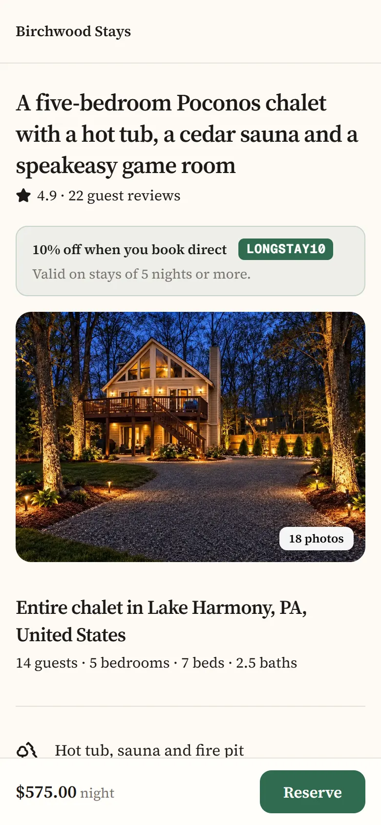 A direct booking page on a phone
