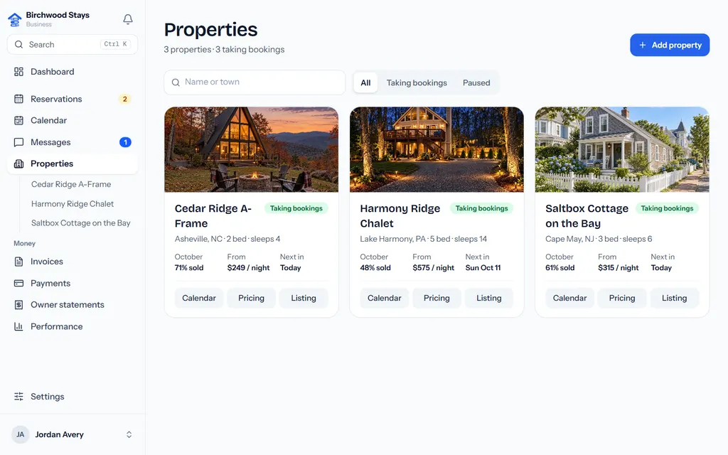 Three properties as cards, each with its state, this month's sales, base price and next arrival