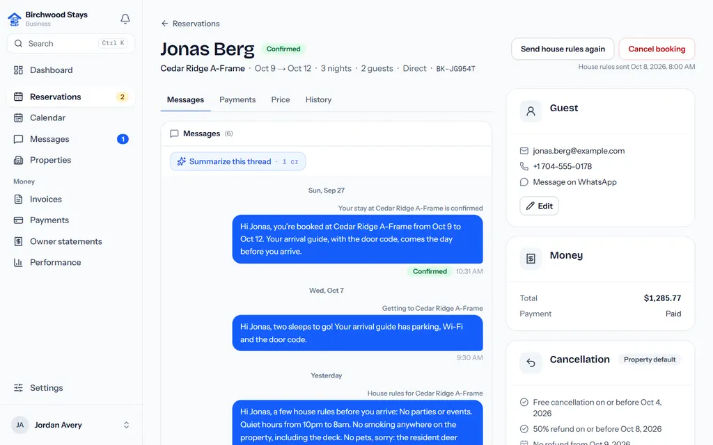 A reservation with its guest, dates, price breakdown, payments and the messages the guest journey has sent