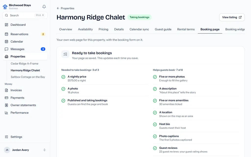 The booking page editor's readiness checklist: what the page needs to take bookings and what helps guests book, each item ticked or with a link to fix it
