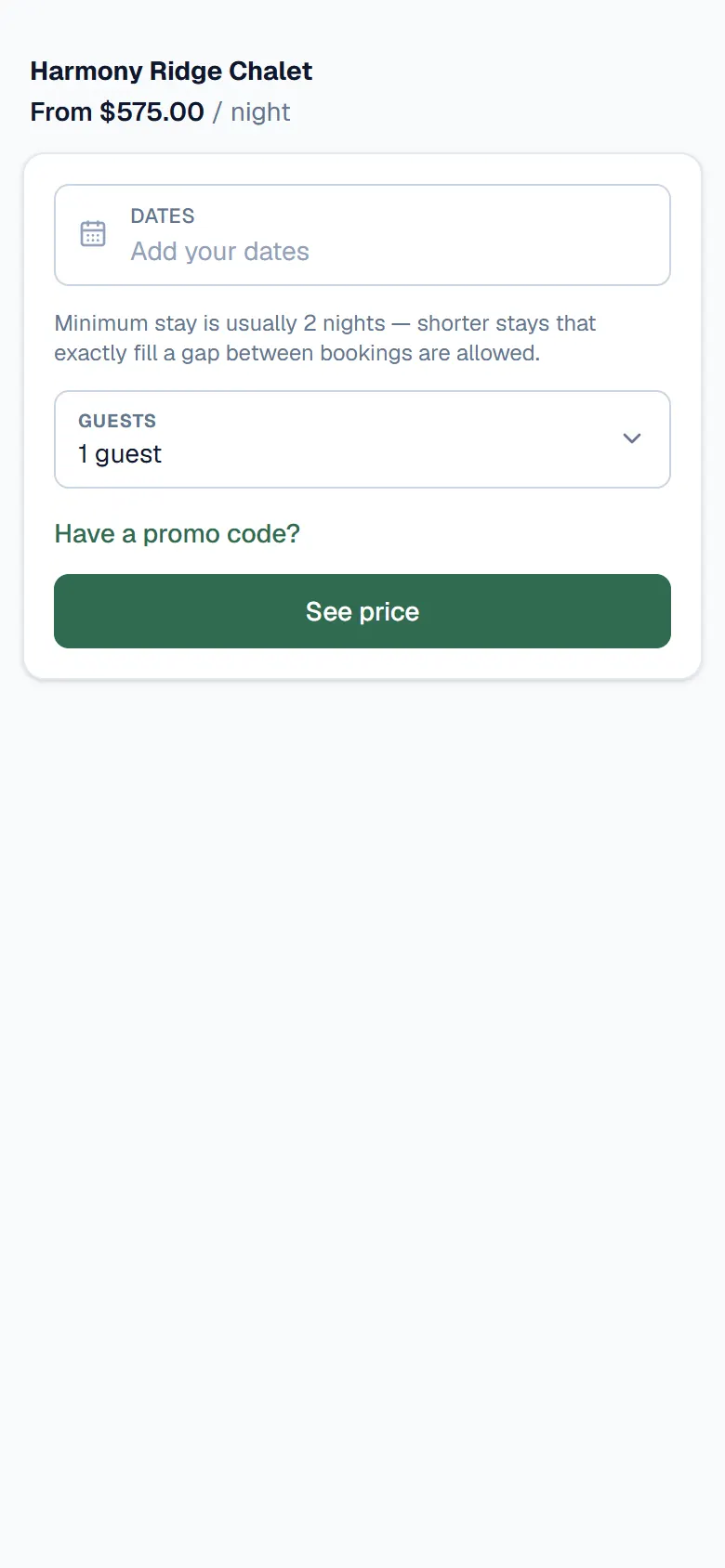 The booking widget a host drops into their own website: dates, guests and the full price before the guest requests
