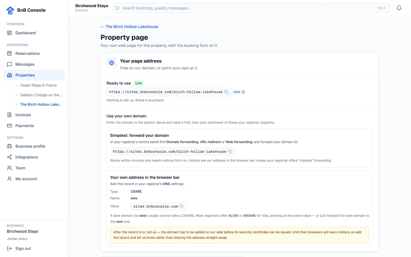 The site editor in BnB Console with content sections beside a live preview